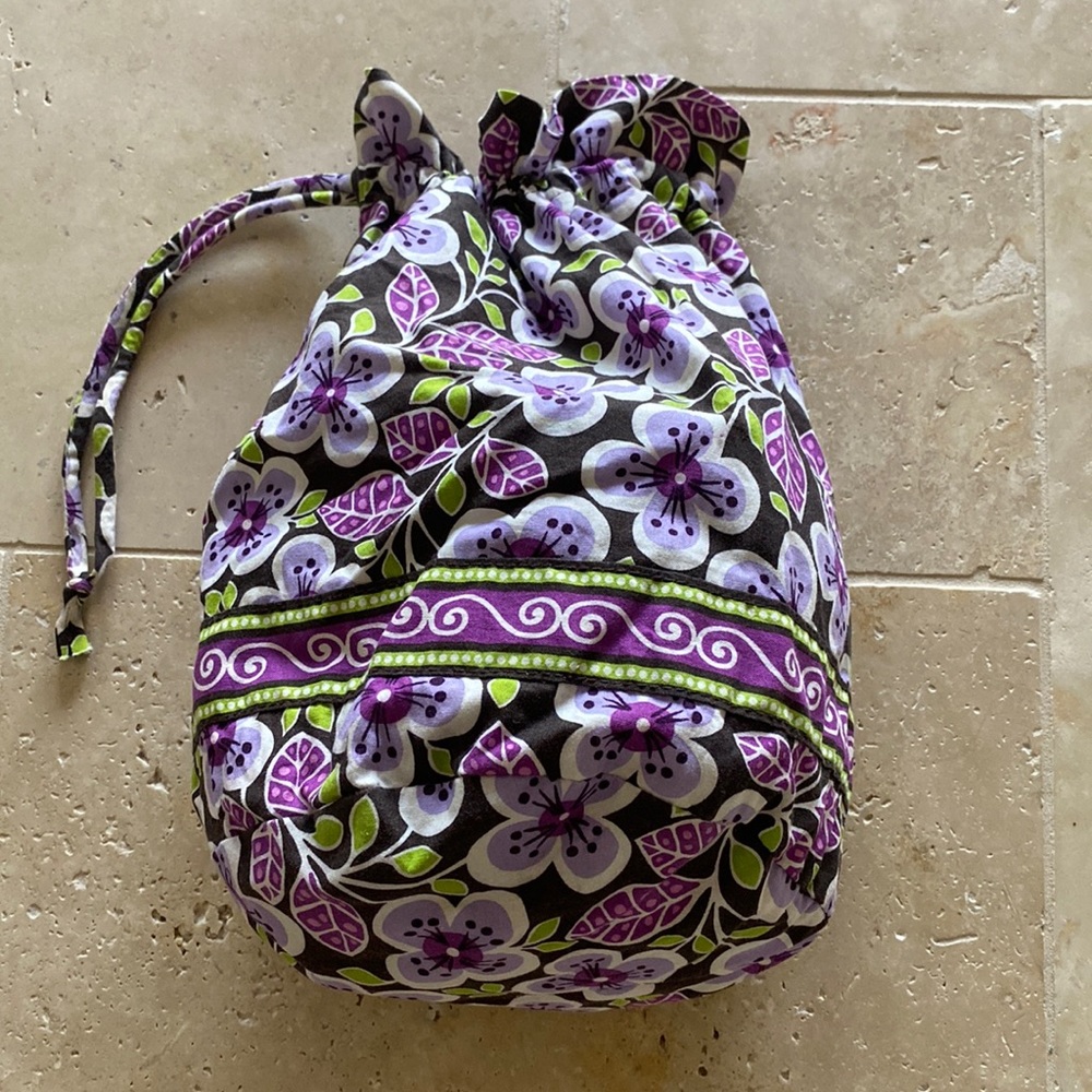 Vera Bradley Plum Petals drawstring bag with built in plastic liner.